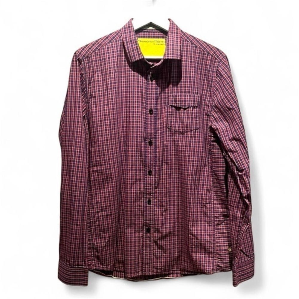 Descendant of Thieves Men’s Plaid Button Down Shirt Size Large Red Blue Yellow